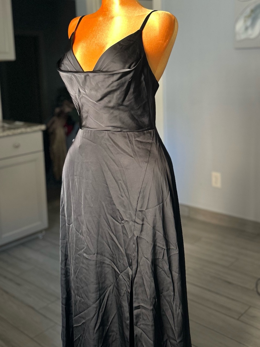 Black Satin Cowl Neck Maxi Dress Front Slit Evening Formal,size 4